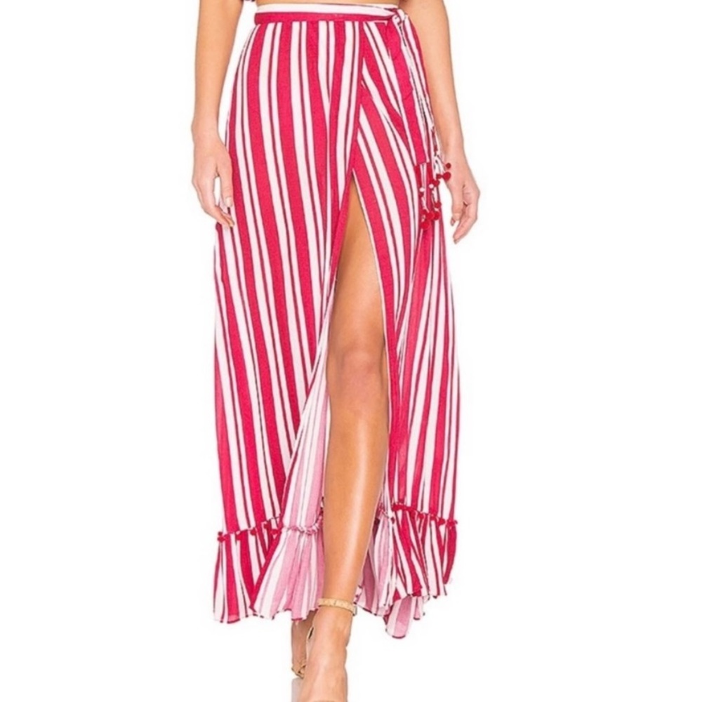 Lovers + Friends | Red/White Stripe Beach Pom Pom Ruffle Maxi Wrap Skirt - Picture 2 of 11